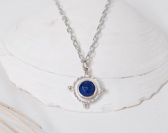 18"-20" Silver Lapis Medallion Pendant Necklace, Sterling Silver Coin Charm Necklace Dark Blue Lapis Rose Cut Gemstone, 925 Silver Layering