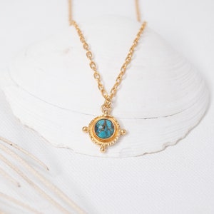18 Gold Turquoise Medallion Pendant Necklace, Blue Turquoise Gem Nautical Style Pendant, 3 micron 18k gold plated Charm Pendant, Layering image 1