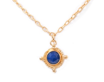 Gold Choker Lapis Medallion Pendant Necklace, Dark Blue Lapis Lazuli Gem Nautical Pendant, Short Lapis Charm Pendant, 14"-16" Layering Neck