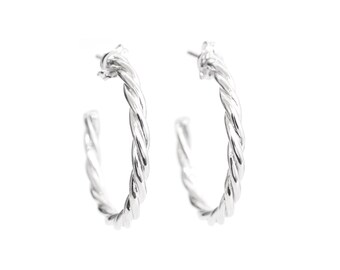 Sterling Silver Twisted Hoops, Large Braided Rope Hoops, 925 Twist Earrings, 1"