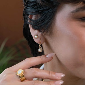 Pearl Gold Nautilus Dangle Earrings, 18k Gold Plated Shell Drop Earrings, Delicate Mother of Pearl Shell Gemstone Earrings, June Birthstone image 2