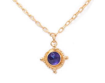 14-16" Choker Gold Amethyst Medallion Coin Style Pendant, February Birthstone Necklace, Short Gold Purple Charm Necklace, 18k gold plated