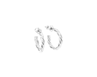 1/2" Silver Rope Hoops, Small 925 Silver Huggy Earrings, Sterling Braided Huggie Hoops, Twisted Wire Hoops with Post Back, Tiny Petite Hoops
