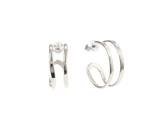 Small Silver Double Hoop Earrings, Sterling Layered Hoops, Petite Hammered Silver Huggie Hoops, Textured Huggy Hoops with Post Back, 925