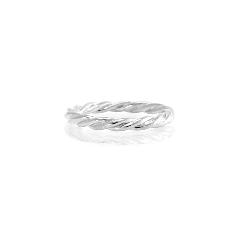 May include: A silver twisted band ring. The ring is simple and elegant.