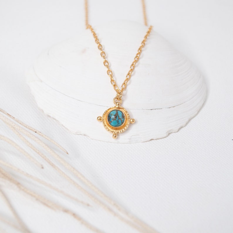 18 Gold Turquoise Medallion Pendant Necklace, Blue Turquoise Gem Nautical Style Pendant, 3 micron 18k gold plated Charm Pendant, Layering image 1