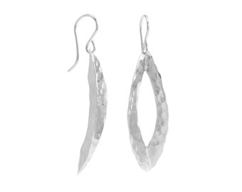 Large Silver Leaf Shape Dangle Earrings, Silver Hammered Leaf Earrings, 925 sterling silver drop earrings, Rustic, Silver Hammer Texture