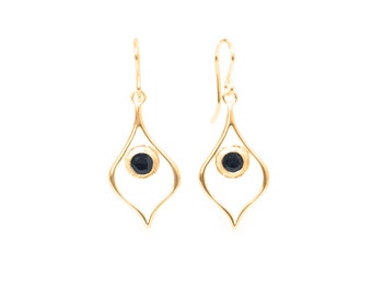 Gold Black Onyx Arabesque Gem Drop Earrings, Boho Style Dangle Earrings Genuine Black Onyx Cabochon Gems, Elegant Black Earrings Lightweight
