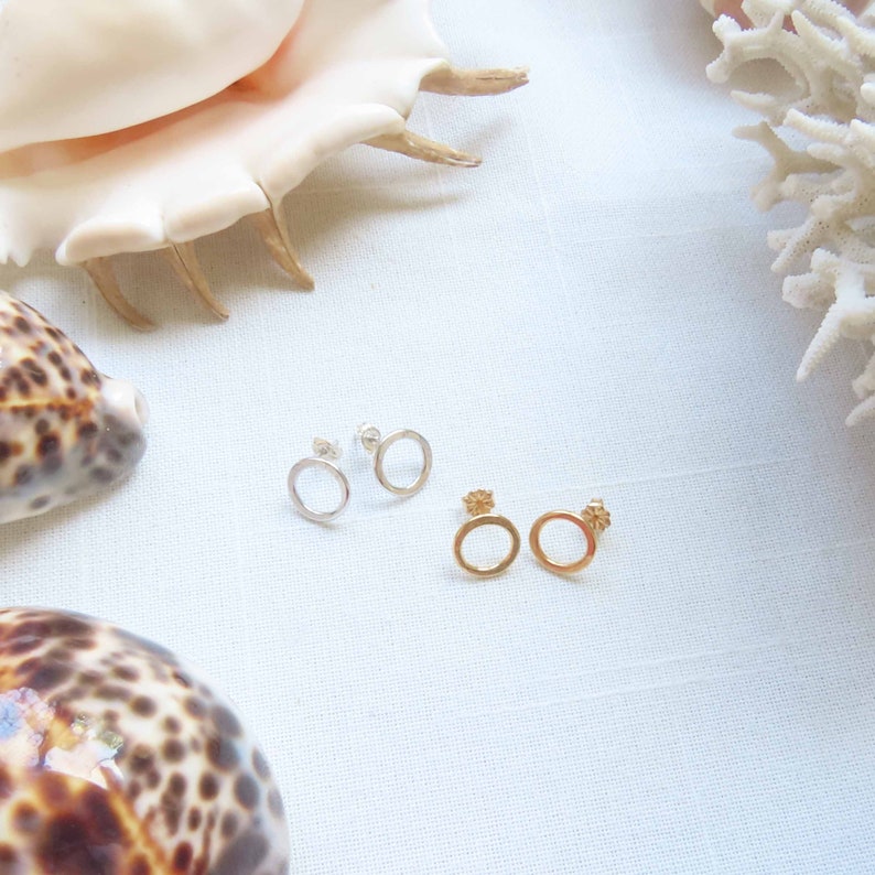 18k Gold Round Loop Studs, Gold Plated Circle Studs, Anti Tarnish Gold Round Donut Earrings, Rustic Hammered Post Earrings Tarnish Resistant image 3