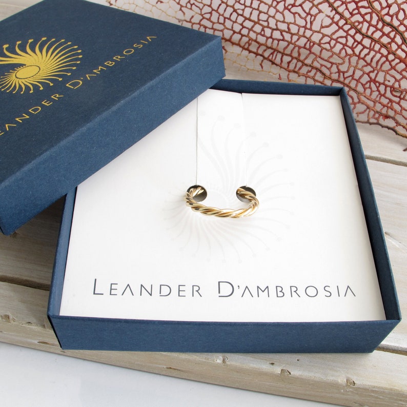 May include: A gold twisted ring in a blue box with the text "Leander D'Ambrosia" on the inside of the box.
