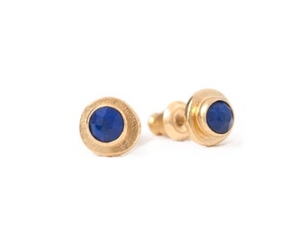 Gold Vermeil Faceted Lapis Lazuli Stud Earrings, Cobalt Blue Gemstone, Textured Metal