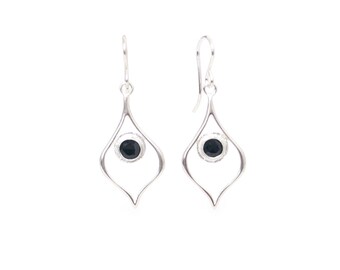 Sterling Silver Black Onyx Arabesque Gem Drop Earrings, Boho Style Dangle Earrings Genuine Black Onyx Cabochon, Solid 925 Silver Earrings