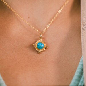 18 Gold Turquoise Medallion Pendant Necklace, Blue Turquoise Gem Nautical Style Pendant, 3 micron 18k gold plated Charm Pendant, Layering image 2