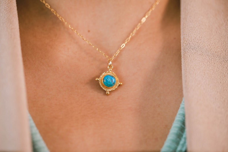 18 Gold Turquoise Medallion Pendant Necklace, Blue Turquoise Gem Nautical Style Pendant, 3 micron 18k gold plated Charm Pendant, Layering image 2