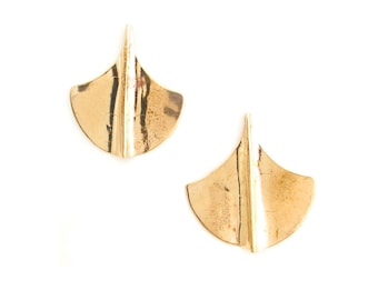 Gold Shield Shape Stud Earrings, 3 micron 18k gold plated statement stud earrings, Large Boho Style Fan Shape Earrings, Fanned Out Earrings