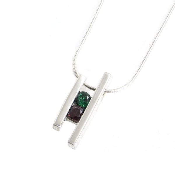 Custom Birthstone Necklace Pendant - Two Gemstones Necklace - Garnet Emerald Necklace - Customized Gem Necklace- Mother's Pendant Necklace