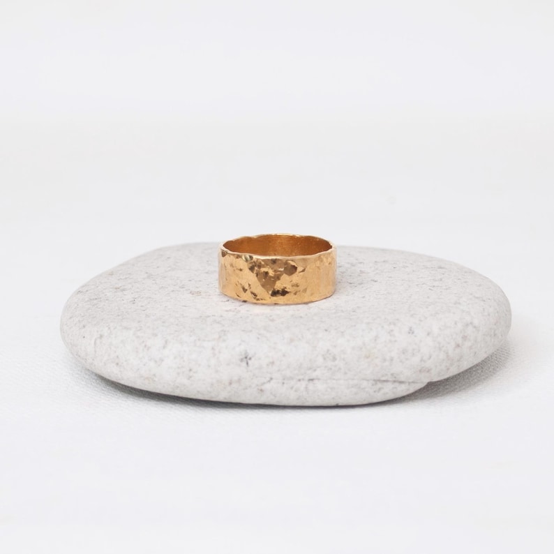 Wide Gold Vermeil Ring, Hammered 8mm wide Cigar Band, Textured Straight Shank, Mens, Rustic 24k gold vermeil