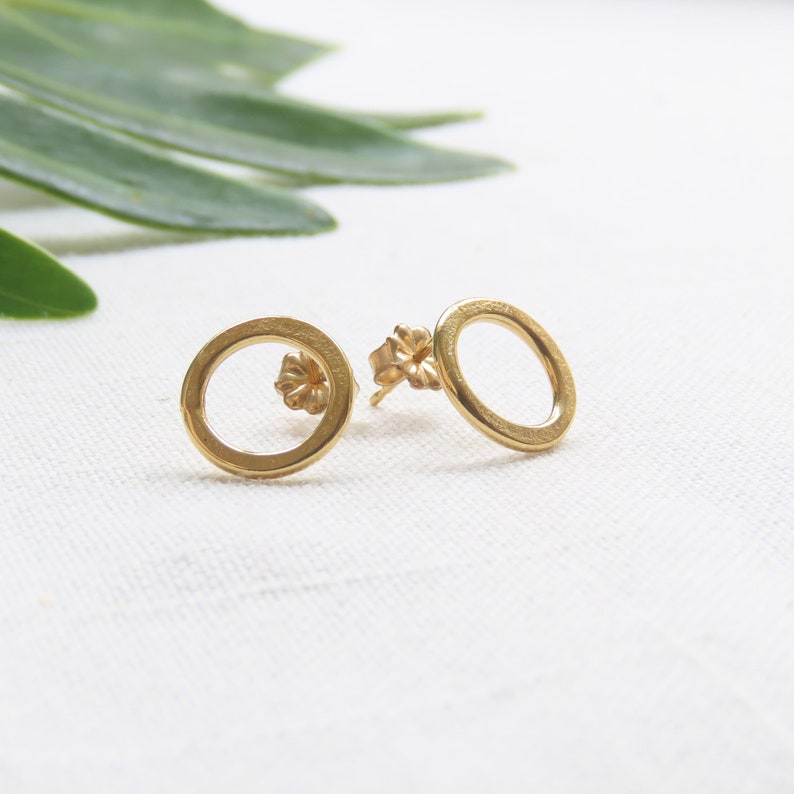 18k Gold Round Loop Studs, Gold Plated Circle Studs, Anti Tarnish Gold Round Donut Earrings, Rustic Hammered Post Earrings Tarnish Resistant image 1