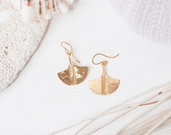 Gold Shield Shape Stud Earrings, 3 micron 18k gold plated statement stud earrings, Large Boho Style Fan Shape Earrings, Fanned Out Earrings