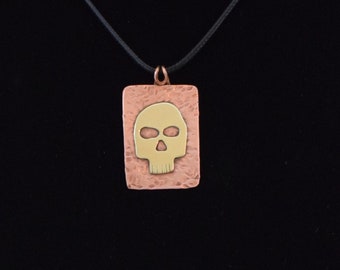 Brass Skull with Hammered Copper Background Pendant Necklace