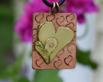 Two Hearts Pendant Necklace - Copper & Brass