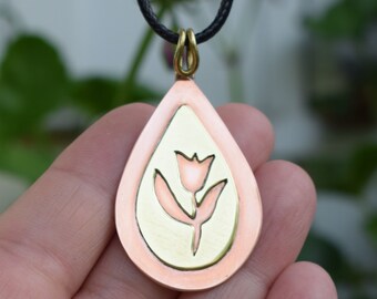 Teardrop Tulip Pendant Necklace - Copper and Brass