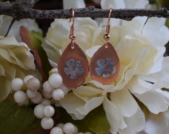 Flower Teardrop Earrings - Handmade, Hand Sawn, Hammered from Aluminum and Copper