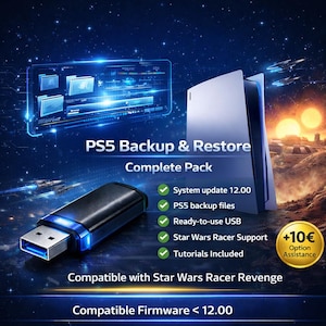 May include: An advertisement for a PS5 Backup & Restore Complete Pack. The image shows a PS5 console, a USB drive, and text highlighting features such as system update 12.00, PS5 backup files, and Star Wars Racer support. The background has a space theme.