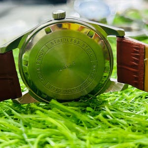 May include: A close-up shot of a vintage wristwatch with a brown leather strap. The watch's stainless steel back is visible, with text indicating it is shockproof and water-resistant. The watch is set against a backdrop of green grass.