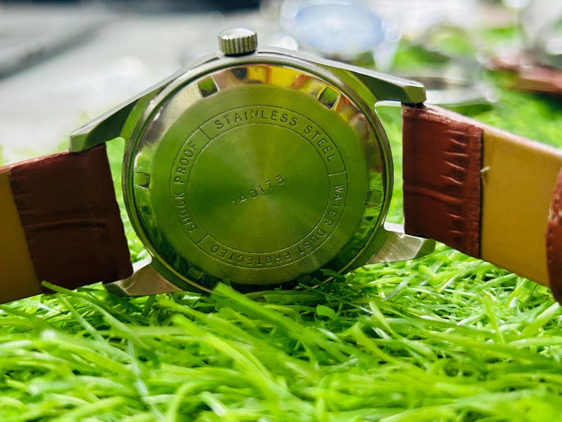 May include: A close-up shot of a vintage wristwatch with a brown leather strap. The watch's stainless steel back is visible, with text indicating it is shockproof and water-resistant. The watch is set against a backdrop of green grass.
