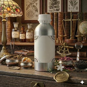 May include: A silver metal bottle with a white label, set on a wooden surface with antique apothecary bottles and a lamp. The label has a decorative border. Other items include a scale, globe, and a perfumer's seal.