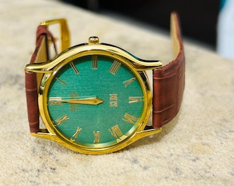 Vintage Seiko Slim Tank Watch – GREEN Roman Dial 27mm Japan Brown Leather Strap