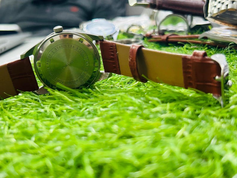 May include: A silver wristwatch with a brown leather strap rests on green grass. The watch face is visible, and the strap is secured with a silver buckle. The watch has a classic design, suitable for any occasion.