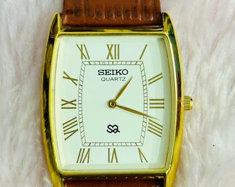 Vintage Seiko 1970 Tank Slim Quartz Watch – WHITE Roman Dial 27mm Japan – Brown Leather Strap