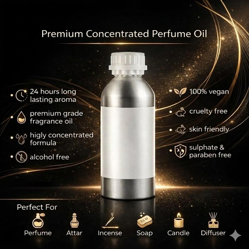 May include: A silver metal bottle with a white cap, labeled "Premium Concentrated Perfume Oil." The image highlights features like "24 hours long lasting aroma," "100% vegan," and "cruelty free." The product is suitable for perfume, attar, incense, soap, candle, and diffuser.