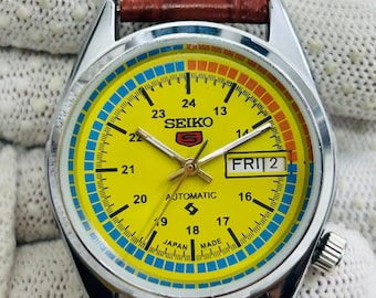 Vintage refurbished 1970 Seiko 5 Automatic Watch, Yellow colour Dial with Date made Japanese