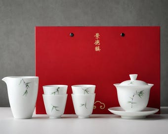 Hand-Painted Bamboo Porcelain Tea Set, Jingdezhen Gongfu Ceremony Gaiwan