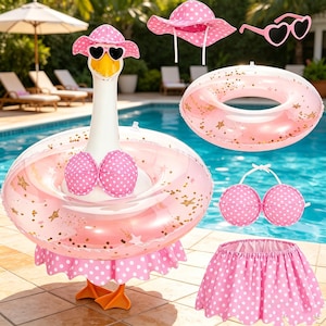 May include: A collection of inflatable pool floats and accessories in a whimsical goose theme. The set includes a pink and white polka dot swim ring, hat, sunglasses, and a skirt. The goose float has a white body, orange feet, and a pink polka dot bikini.