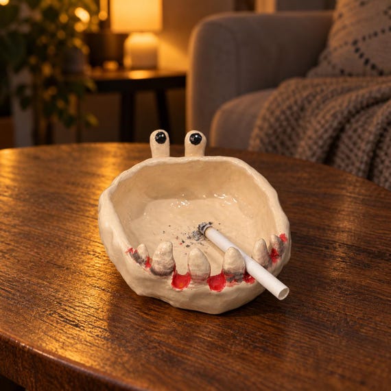 A handmade ceramic creature with a gaping toothed mouth for an ashtray — equal parts functional object and unsettling sculpture that earns a permanent place on any shelf.