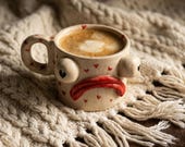 Handmade Ceramic Sad Face Mug with Heart Pattern | Quirky Sculptural Coffee Cup Funny Unique Gift