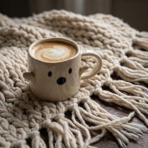 Peut inclure: Une tasse en céramique de couleur crème arborant un visage de fantôme simple avec deux petits yeux noirs et une bouche noire plus large. La tasse possède deux petits bras saillants sur les côtés et contient un latte avec un motif de mousse blanche.