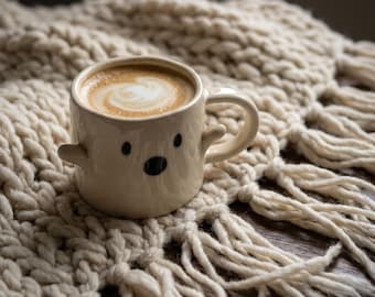 Può includere: Una tazza in ceramica color crema con un semplice volto da fantasma, caratterizzato da due piccoli occhi neri e una bocca nera più grande. La tazza presenta due piccole braccia sporgenti sui lati ed è riempita con un latte macchiato.