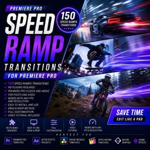 Könnte beinhalten: Werbegrafik für Premiere Pro Speed Ramp Übergänge. Das Design zeigt den Text "SPEED RAMP TRANSITIONS" und "150 SPEED RAMPS TRANSITIONS". Das Bild zeigt ein Auto, einen Skateboarder und einen Mountainbiker.