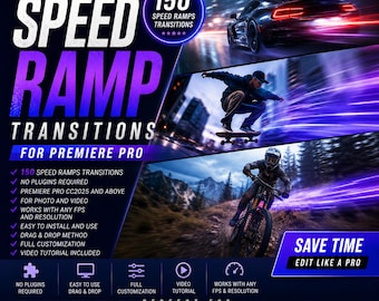 May include: A promotional graphic for Premiere Pro speed ramp transitions. The design features the text "SPEED RAMP TRANSITIONS" and "150 SPEED RAMPS TRANSITIONS." The image includes a car, skateboarder, and mountain biker.