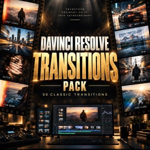 May include: A digital product advertisement for a DaVinci Resolve Transitions Pack featuring 50 classic transitions. The graphic displays text overlays, film strip borders with various scene examples, and a computer monitor showing video editing software.