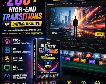 May include: Promotional image for video editing software. The image features the text "200+ High-End Transitions for DaVinci Resolve." A product box is displayed with the text "The Ultimate Transitions Pack." The image also shows a before and after video editing example.
