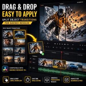 May include: Promotional image for video editing software. The image features the text "DRAG & DROP EASY TO APPLY" and "SPLIT OBJECT TRANSITIONS FOR DAVINCI RESOLVE." It showcases a video timeline with split object transitions and a skier in a yellow jacket.