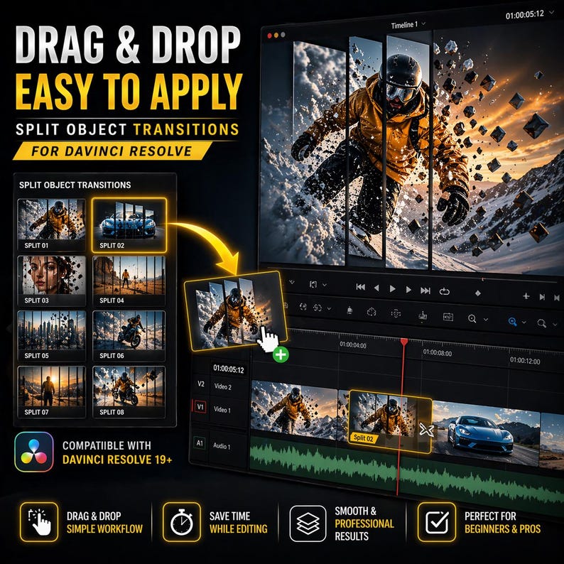 May include: Promotional image for video editing software. The image features the text "DRAG & DROP EASY TO APPLY" and "SPLIT OBJECT TRANSITIONS FOR DAVINCI RESOLVE." It showcases a video timeline with split object transitions and a skier in a yellow jacket.