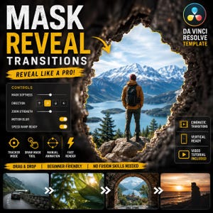 Puede incluir: Imagen promocional de "MASK REVEAL TRANSITIONS" para edición de vídeo. La imagen presenta una vista panorámica de montañas y un lago, con una persona de pie sobre una roca. El texto incluye "Reveal Like a Pro!" y "Da Vinci Resolve Template". Se enumeran funciones adicionales.