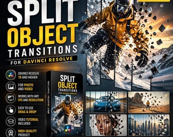 May include: Promotional graphic for "Split Object Transitions" for DaVinci Resolve. The image features a snowboarder in a yellow jacket, a product box, and example transition effects. Text includes "Ready to Use," "No Plugins Required," and features like "Easy to Use Drag & Drop."